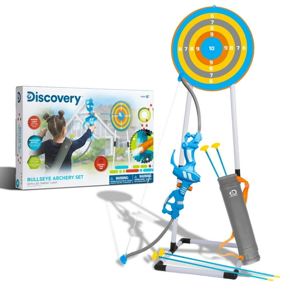 Discovery Kids Bullseye Outdoor Toy Archery Set with LED Light-Up Target (7 Pieces), Child Toy