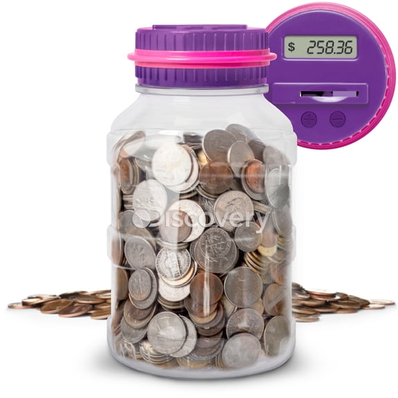 Discovery Kids Digital Plastic Coin-Counting Money Jar with LCD Screen, US Currency, Purple