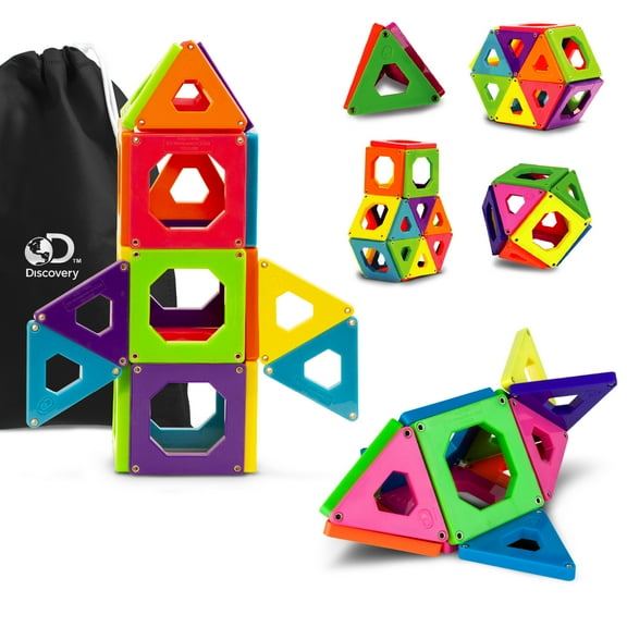 Discovery Kids Magnetic Tiles Set, with 12 Triangles And 12 Squares, 24-pieces