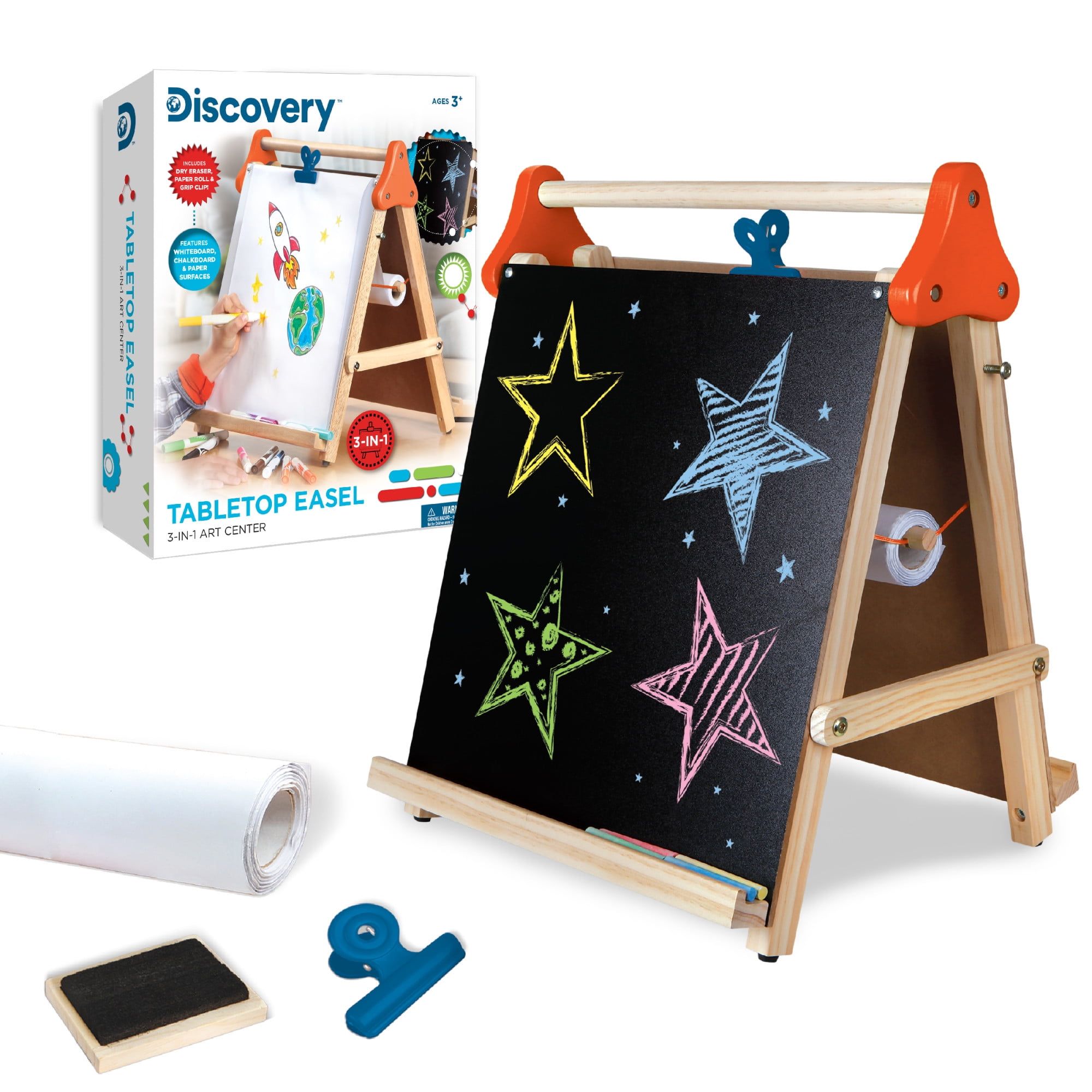 Discovery Kids Tabletop Easel 3-In-1 Art Center, with Whiteboard,  Chalkboard And Paper Surfaces