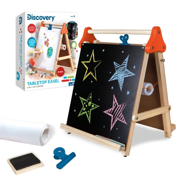 Discovery Kids Tabletop Easel 3-In-1 Art Center, with Whiteboard, Chalkboard And Paper Surfaces