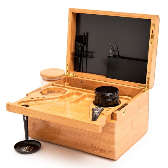Discovery Large Bamboo Box with Key Lock, Lid, Glass Jars & Tray (Natural)