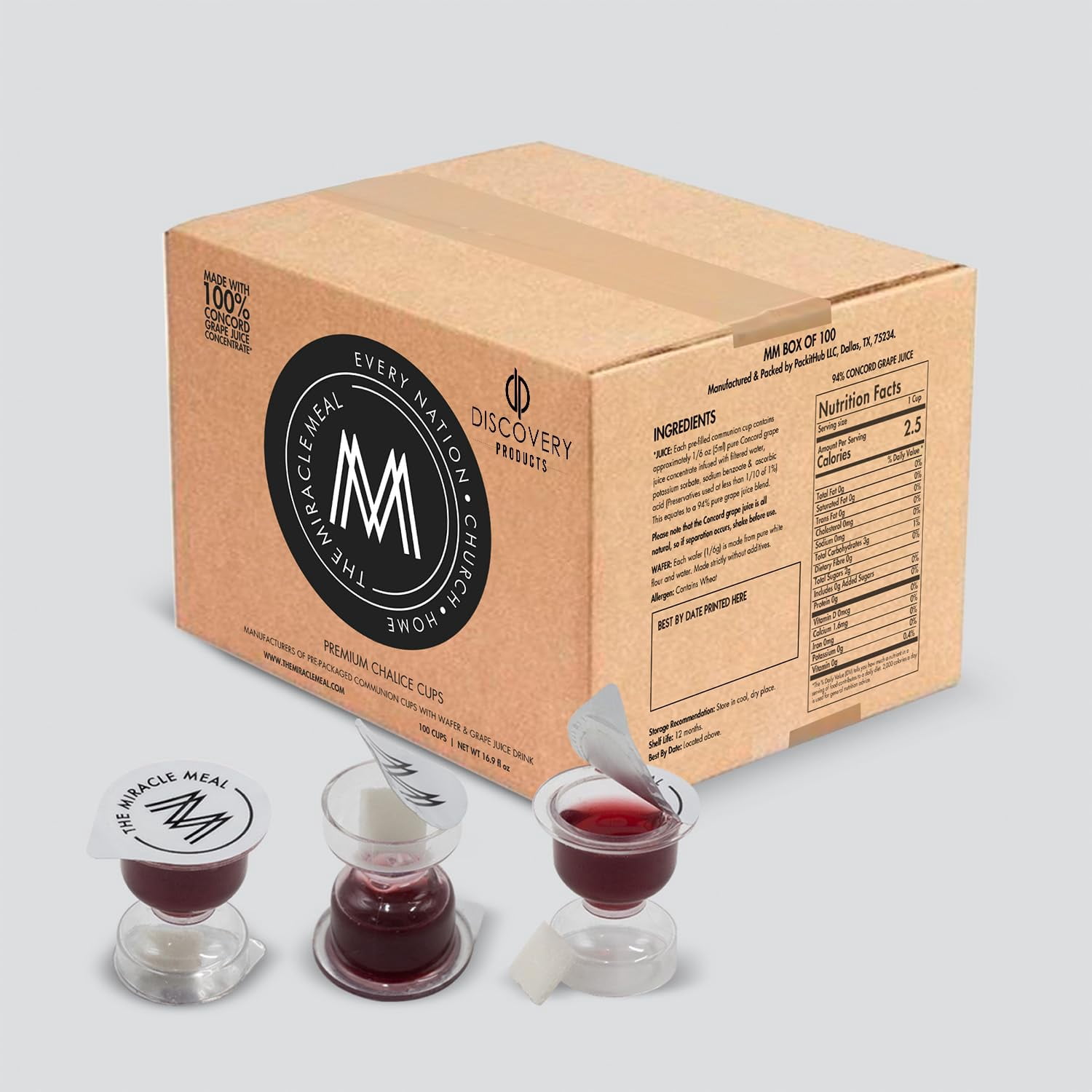 DISCOVERY PRODUCTS Chalice Prefilled Communion Cups: 100% Concord Grape Juice & Wafer - Box of 100 for Divine Communion Experiences!