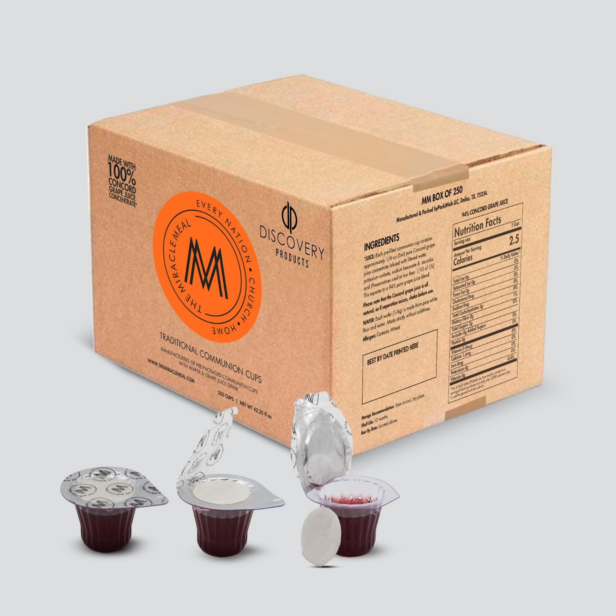 Discovery Products Pre Packaged Traditional Communion Cups | Box of 250 with Juice and Wafer