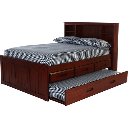 Discovery World Furniture - Full Size Bed Frame with Headboard Bookcase Captain Bed with 3 Drawers & Twin Trundle, Full Size Bed with Storage & Twin Trundle, Merlot