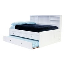 Discovery World Furniture - Full Size Bed Frame with Headboard Bookcase Captain Day Bed with 3 Drawers & Twin Trundle, Full Size Bed with Storage & Trundle, White