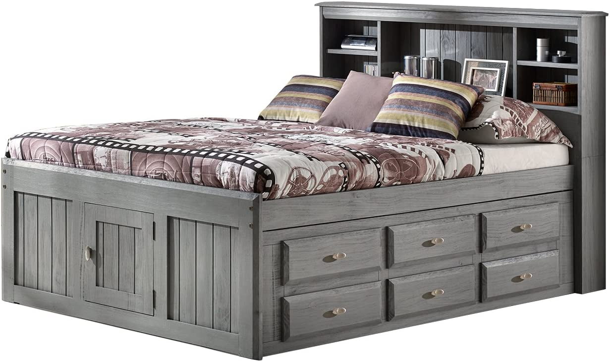 Discovery World Furniture Full Size Bed Frame with Headboard Bookcase Captain Bed with 6 Drawers Full Size Bed with Storage Charcoal