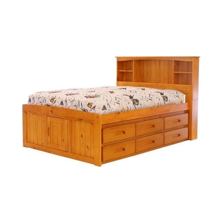Discovery World Furniture - Full Size Bed Frame with Headboard Bookcase Captain Bed with 6 Drawers, Full Size Bed with Storage, Honey