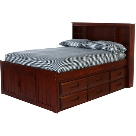 Discovery World Furniture - Full Size Bed Frame with Headboard Bookcase Captain Bed with 6 Drawers, Full Size Bed with Storage, Merlot