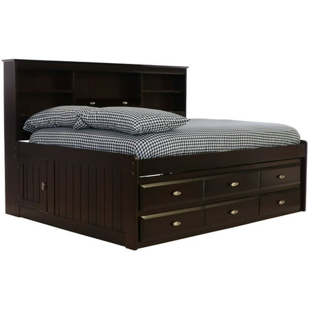 Discovery World Furniture - Full Size Bed Frame with Headboard Bookcase Captain Day & 6 Drawers, Full Size Bed with Storage, Espresso