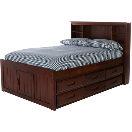 Discovery World Furniture - Full Size Bed Frame with Headboard Bookcase and 12 Drawers, Full Size Bed with Storage, Merlot