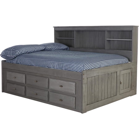 Discovery World Furniture - Full Size Bed Frame with Side Headboard Bookcase Captain Day Bed & 6 Drawers, Full Size Bed with Storage, Charcoal