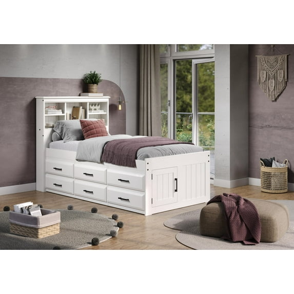 Discovery World Furniture Twin Bookcase Bed with 12 Drawers ( 6 on each side) in Embossed White Finish