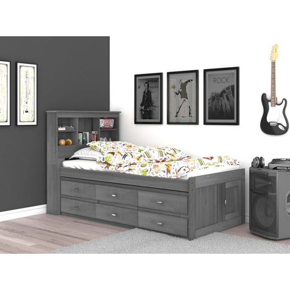 Discovery World Furniture Twin Bookcase Bed with 12 Drawers in Charcoal