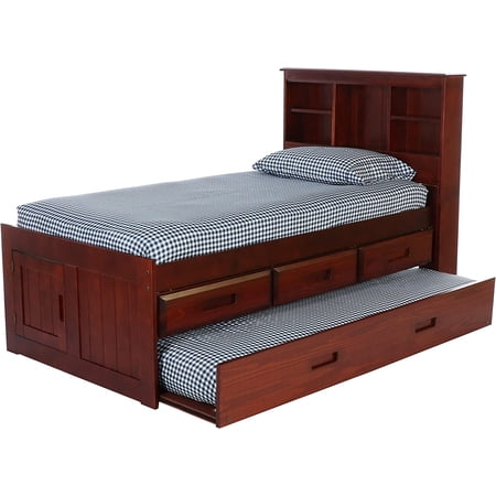 Discovery World Furniture - Twin Size Bed Frame with Headboard Bookcase Captain Bed with 3 Drawers & Twin Trundle, Twin Size Bed with Storage & Twin Trundle, Merlot