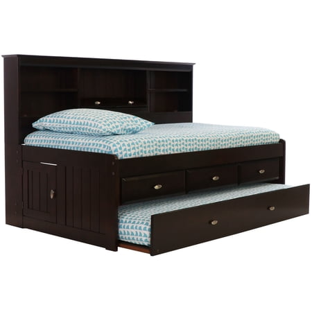 Discovery World Furniture - Twin Size Bed Frame with Headboard Bookcase Captain Day Bed with 3 Drawers & Twin Trundle, Twin Size Bed with Storage & Trundle, Espresso