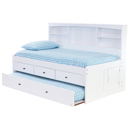 Discovery World Furniture - Twin Size Bed Frame with Headboard Bookcase Captain Day Bed with 3 Drawers & Twin Trundle, Twin Size Bed with Storage & Twin Trundle, White