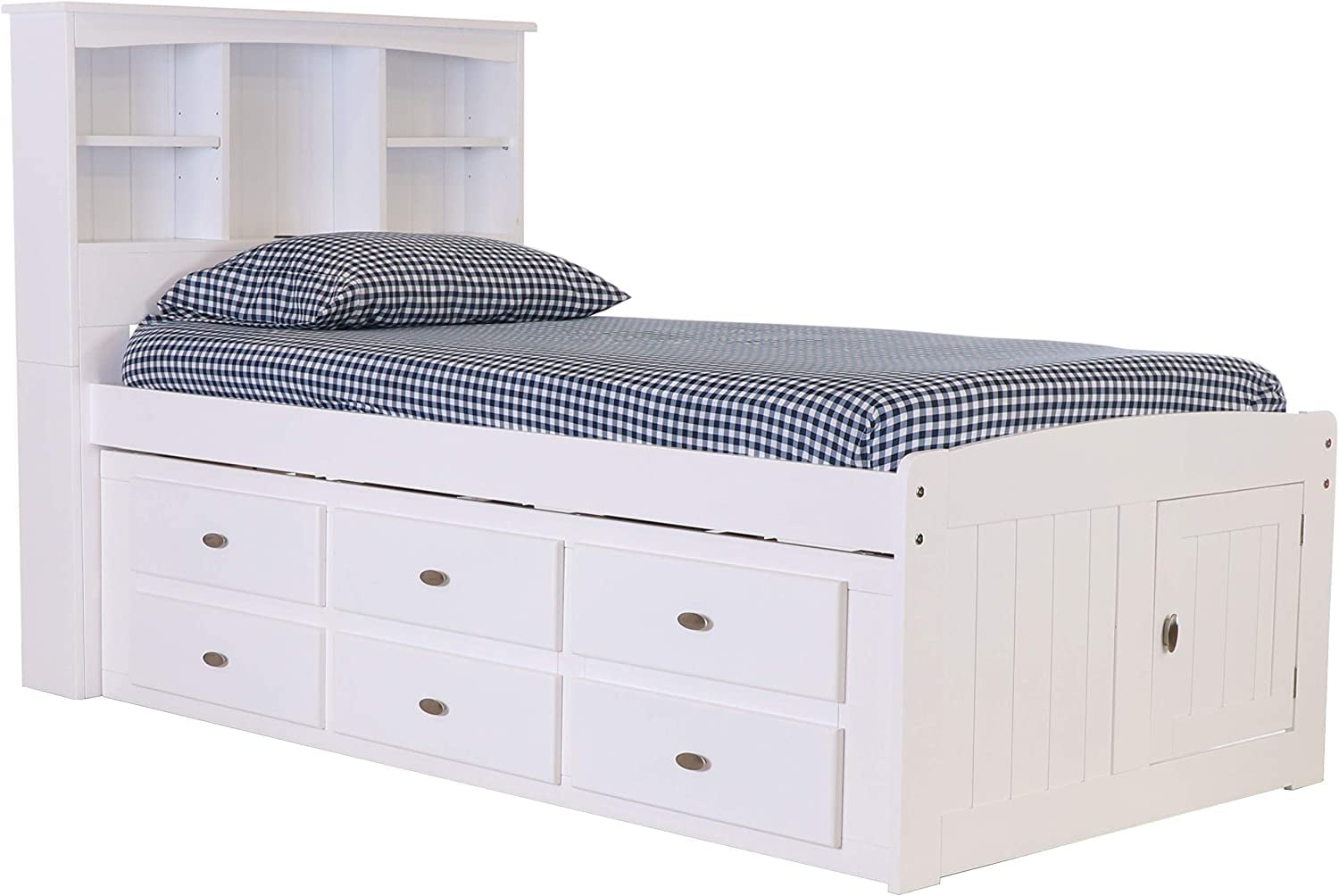 Discovery World Furniture Kids Twin Size Bookshelf Bed Frame with Headboard, 6 Drawers Storage, White