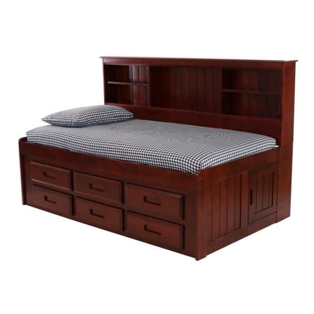 Discovery World Furniture - Twin Size Bed Frame with Headboard Bookcase Captain Day Bed with 6 Drawers, Twin Size Bed with Storage, Merlot