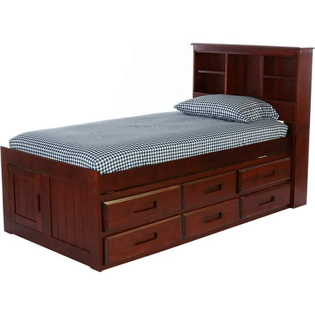 Discovery World Furniture - Twin Size Bed with Headboard Bookcase, Twin Bed with 6 Drawers, Merlot