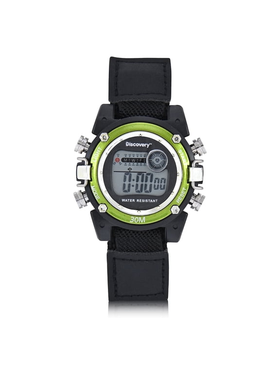 Discovery Youth Digital Watch in Nylon Velcro Black Strap with Green Accent Dial and 30M Water Resistance (DSC523C)