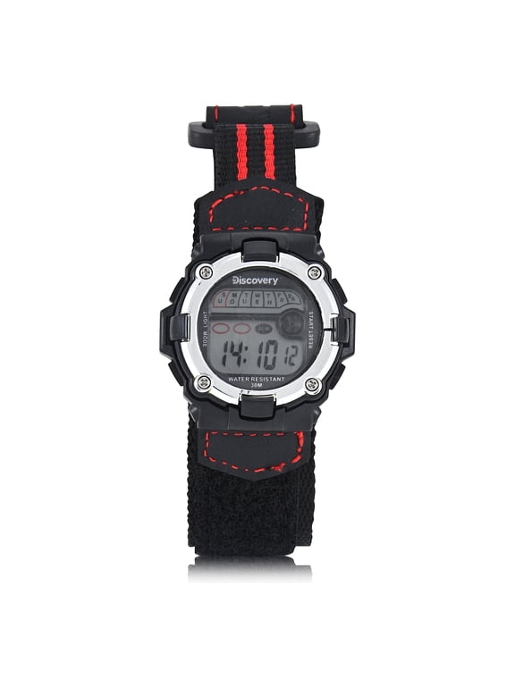 Discovery Youth Digital Watch in Nylon Velcro Black Strap with Red Contrast Stitching and 30M Water Resistance (DSC522C)