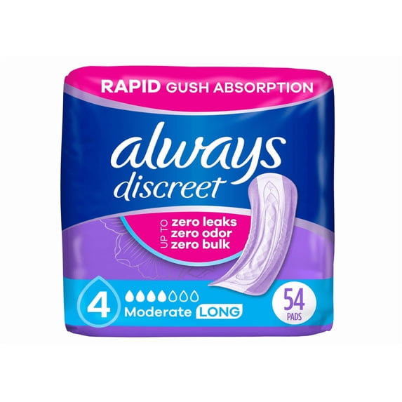 Discreet Adult Incontinence Pads for Women, Moderate Absorbency, Long Length, Postpartum Pads, 54 Count