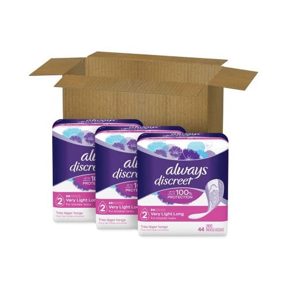 Discreet Incontinence Liners, Very Light Absorbency, Long, 44/Pack, 3 Packs/Carton