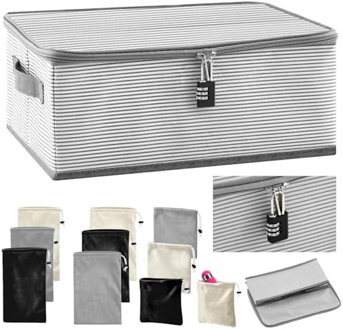 Discreet Lockable Adult Toy Bag Storage Organizer with 9 Pcs Toy Storage Drawstring Organizer for Women and Men 3 Sizes, 15 x 10 x 6.3 Inches Lockable Box Travel Container