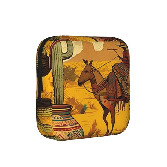 Discreet Privacy Pouch Women Portable Feminine Hygiene Organizer Bag for Pads Tampons Travel Toiletry Makeup Case, Southwestern Ethnic Native Cactus Horse