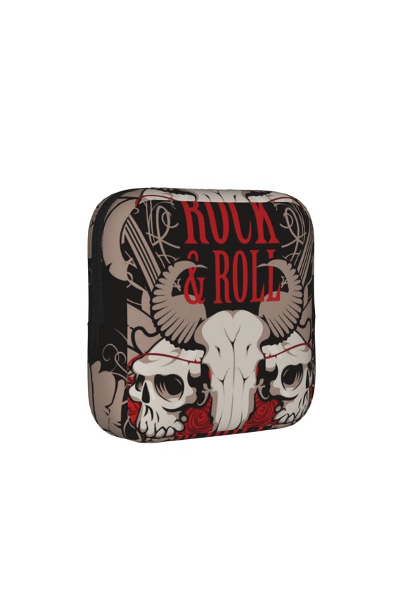 Discreet Privacy Pouch Women Portable Feminine Hygiene Organizer Bag for Pads Tampons Travel Toiletry Makeup Case, Rock And Roll Guitar Skull Roses