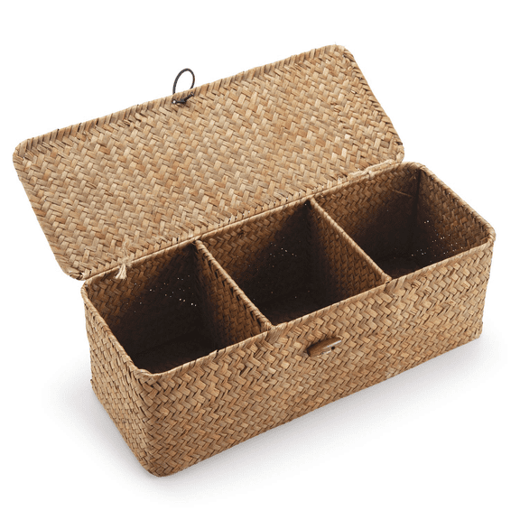 Discreet Storage Solution, Seagrass Storage Basket With Lid, Handwoven Natural Material, Stylish Natural Appearance, Practical Wireframe, 3 Compartment Design For Desktop Or