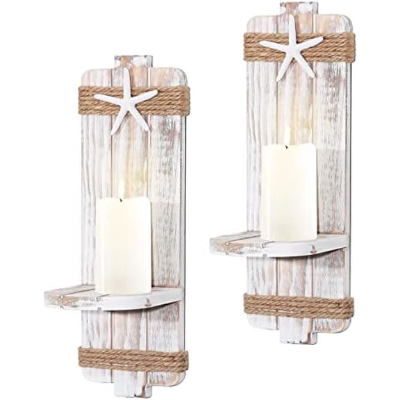 Disdressed Starfish Wall Candle Sconces (Set of 2) - Beach Decor, Ocean Themed Wall-Mount Candleholders, Nautical Style Beach Bathroom Decor, Coastal Farmhouse Seashell Candle Holders