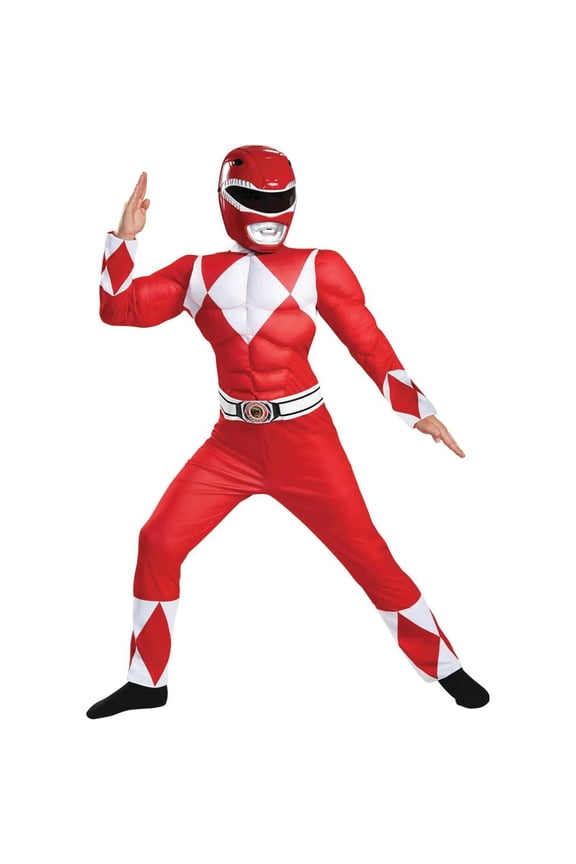 Boys' Deluxe Mighty Morphin Red Ranger Muscle Jumpsuit Costume - 10-12