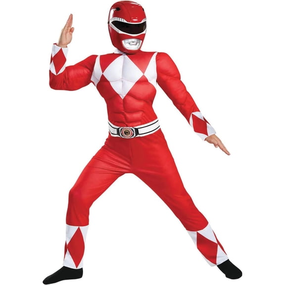 Disguise Boys' Deluxe Mighty Morphin Red Ranger Muscle Jumpsuit Costume - 7-8
