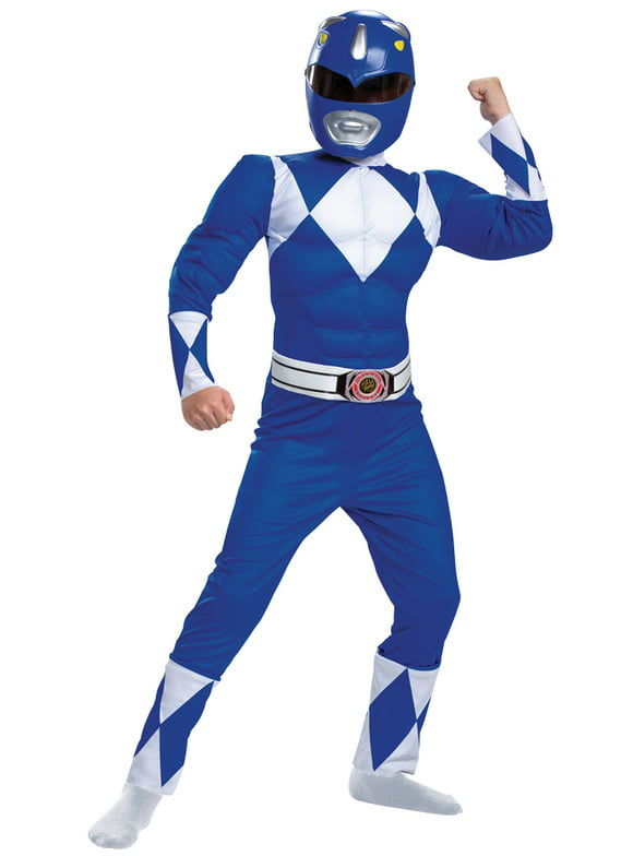 Disguise Boys' Mighty Morphin Blue Power Ranger Muscle Jumpsuit Costume - Size 4-6