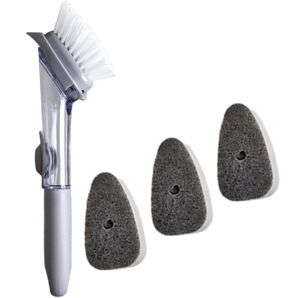 Dish Brush with 3 Refills Sponge Heads, Dish Scrubber with Handle Dish Cleaner Dish Cleaning Tools Replacement Sponge Heads Set for Kitchen Toilet Bathroom