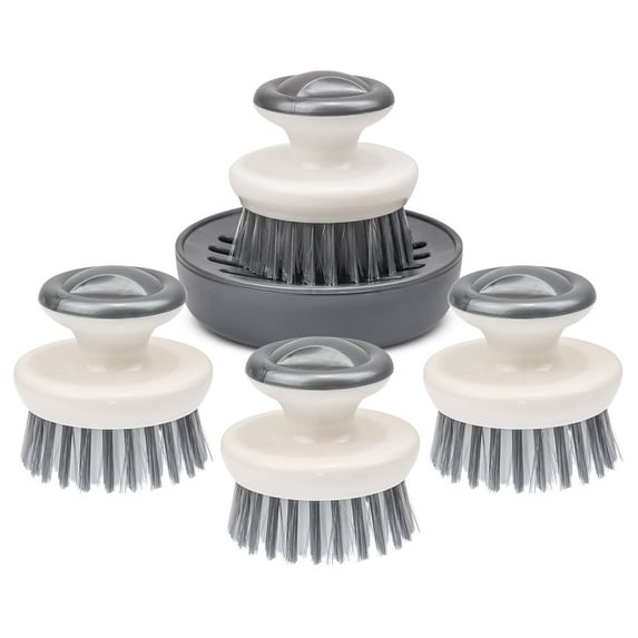 Dish Brush with Handle, Dishwashing Dishes Scrubbers Brush, Kitchen Heavy Duty Scrub Scouring Pad Odor-Free Handheld Scrubbing Cleaner Brush with Tray Suitable for Cleaning Sink, Pot, Pan 5 Pack Grey