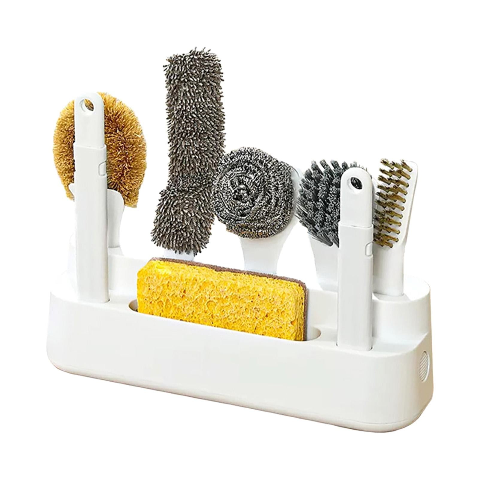 Dish Brush Set of 6 with Holder for Scrubing Pots Pans Bowls Bottles Sinks Grills Kitchen Counters Microwaves, Organize in 1 and Easy Storage, Exchangable handle, Draining Design