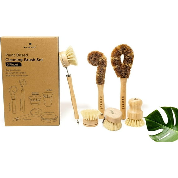 Dish Brush Set, 6 Piece Kitchen Scrub Brush Set, Plant Based Vegetable Brush Set