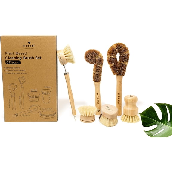 Ecozoi Kitchen Brush Set, Vegetable Dish Scrub Brush, Plant-Based, Multi-Purpose 6 Piece