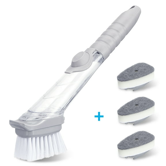 "Dish Brush with Soap Dispenser,Kitchen Dish Brush with Anti-silp Handle, Soap Control Dishwand Brush with 3 Replacement Heads and 1 Hook, Kitchen Cleaning Brush for Sink Pot Pan"