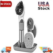 Dish Brush with Soap Dispenser with Replaceable 4 Brush Heads, Kitchen Dish Scrub Brush, Dish Cleaning Brush with Stainless Steel Handle Kitchen Dish Wand, Gray