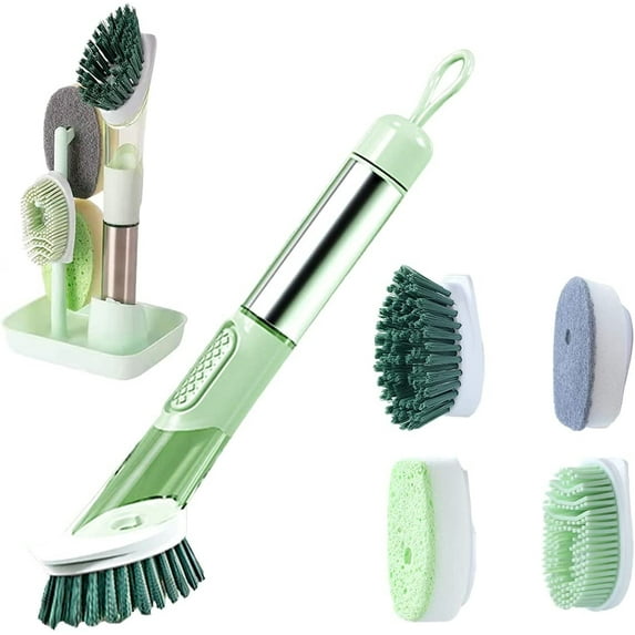 Dish Brush with Soap Dispenser with Replaceable 4 Brush Heads, Kitchen Dish Scrub Brush, Dish Cleaning Brush with Stainless Steel Handle Kitchen Dish Wand, Green