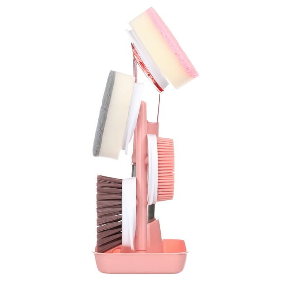 Dish Brush with Soap Dispenser with Replaceable 4 Brush Heads, Kitchen Dish Scrub Brush, Dish Cleaning Brush with Stainless Steel Handle Kitchen Dish Wand, Pink
