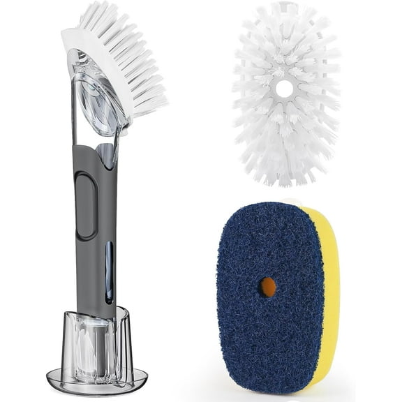 Dish Brush with Soap Dispenser Storage Set with 2 PCS Brush Refills & Holder, Dish Scrubber with Soap Dispenser, Dish Soap Brush, Dish Wand with Soap Dispenser for Dishes, Pans, Sink, Pots