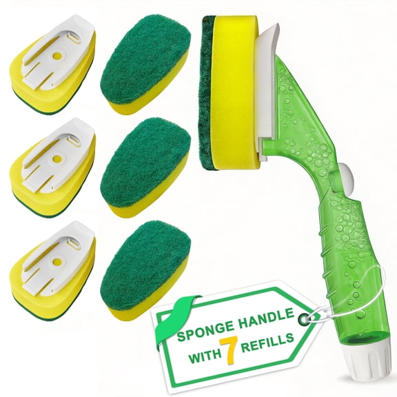 Dish Brush with Soap Dispenser Wand, 1 Dish Wand & 7 Sponge Refills, Soap Control Dispenser Leak-Free Scrub, Non-Scratch Non-Scratch Dishwand Kit for Nonstick Pots and Pans, Glass, Tubs, & Showers