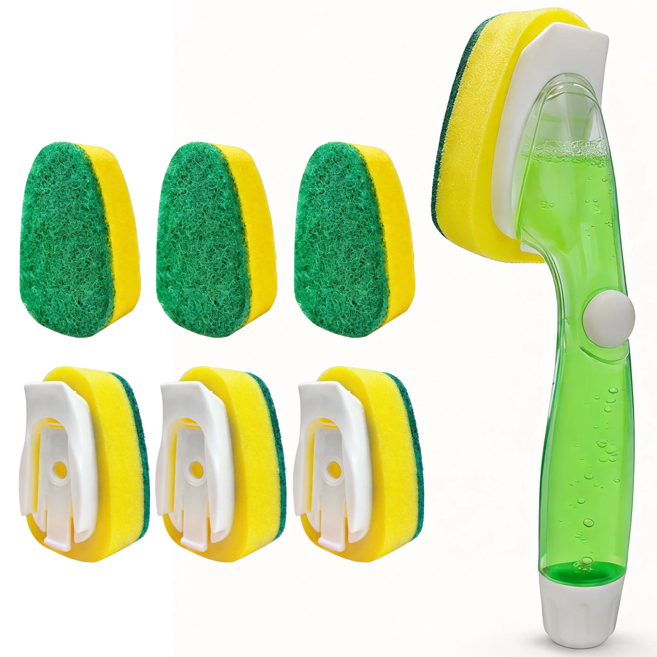 Dish Brush with Soap Dispenser(1 Handle & 6 Replacement Sponge Heads), Kitchen Dishwand Brushes with Handle Non-slip Cleaning Scrub Brush for Kitchen Sink Pots Pans