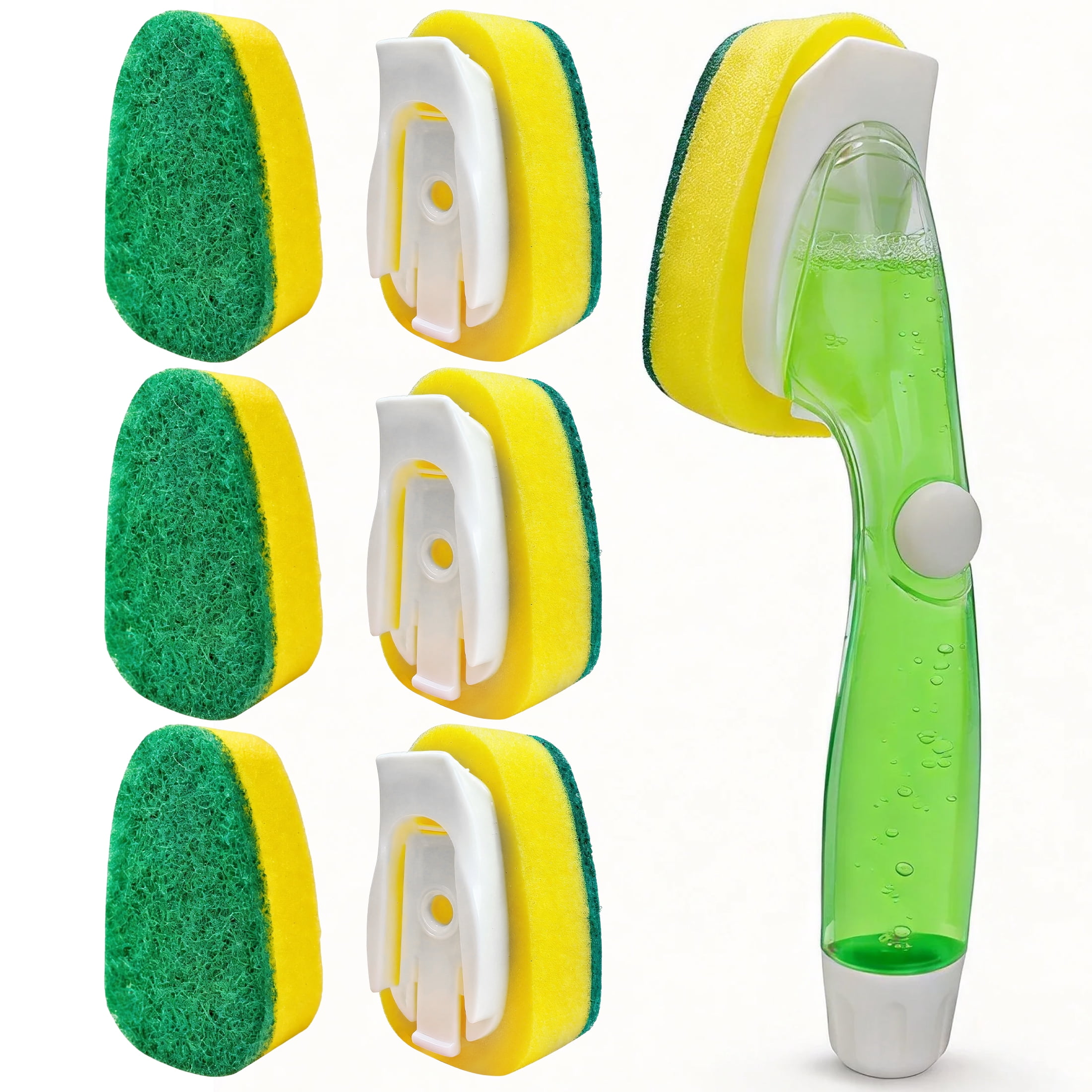 Dish Brush with Soap Dispenser, Kitchen Cleaning Sponge Brush with 7 Refills, Non-Scratch Dish Wand for Dishes, Pots, Pans