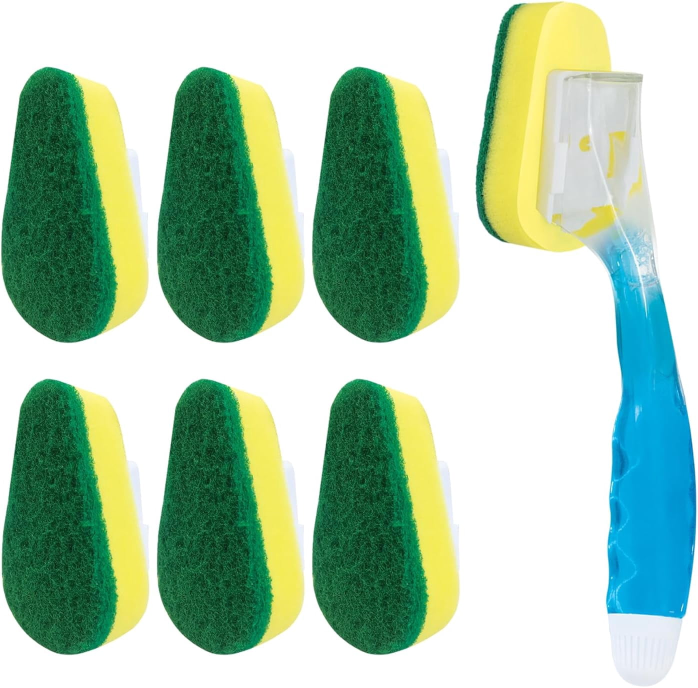 Dish Brush w/Soap Dispenser Wand, 1 Brush w/Head & 6 Refills, Absorbent Sponge Scrubber, No Leaking. Clean Dishes, Sinks and Cookware